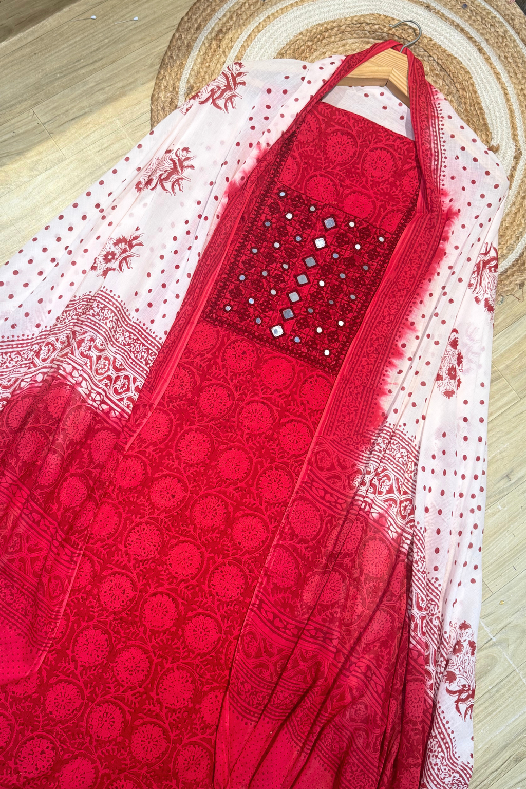 Pure Cotton Mirror Work 3 Piece Unstitched Suit Set With dots Bottom - Red