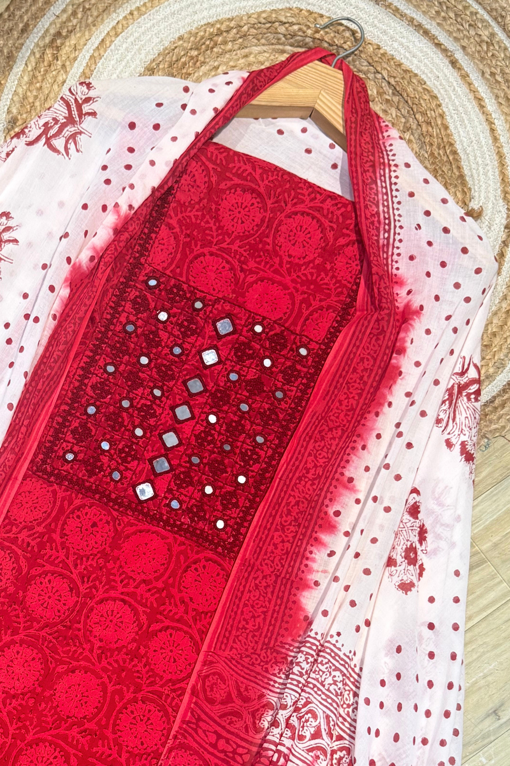 Pure Cotton Mirror Work 3 Piece Unstitched Suit Set With dots Bottom - Red