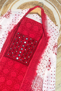 Pure Cotton Mirror Work 3 Piece Unstitched Suit Set With dots Bottom - Red