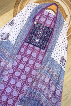Pure Cotton Mirror Work 3 Piece Unstitched Suit Set With dots Bottom - Purple