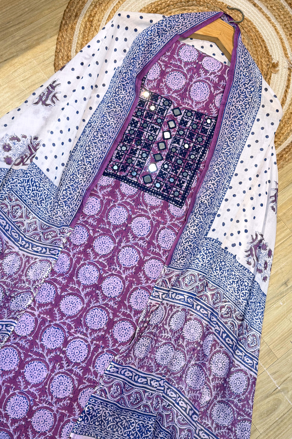 Pure Cotton Mirror Work 3 Piece Unstitched Suit Set With dots Bottom - Purple