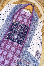 Pure Cotton Mirror Work 3 Piece Unstitched Suit Set With dots Bottom - Purple