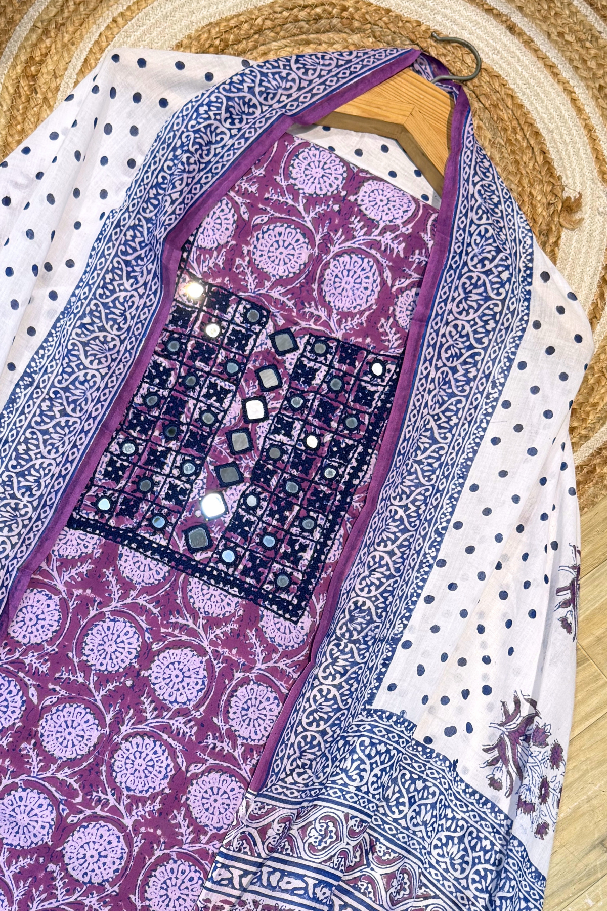Pure Cotton Mirror Work 3 Piece Unstitched Suit Set With dots Bottom - Purple