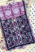 Pure Cotton Mirror Work 3 Piece Unstitched Suit Set With dots Bottom - Purple