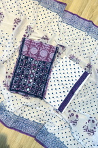 Pure Cotton Mirror Work 3 Piece Unstitched Suit Set With dots Bottom - Purple