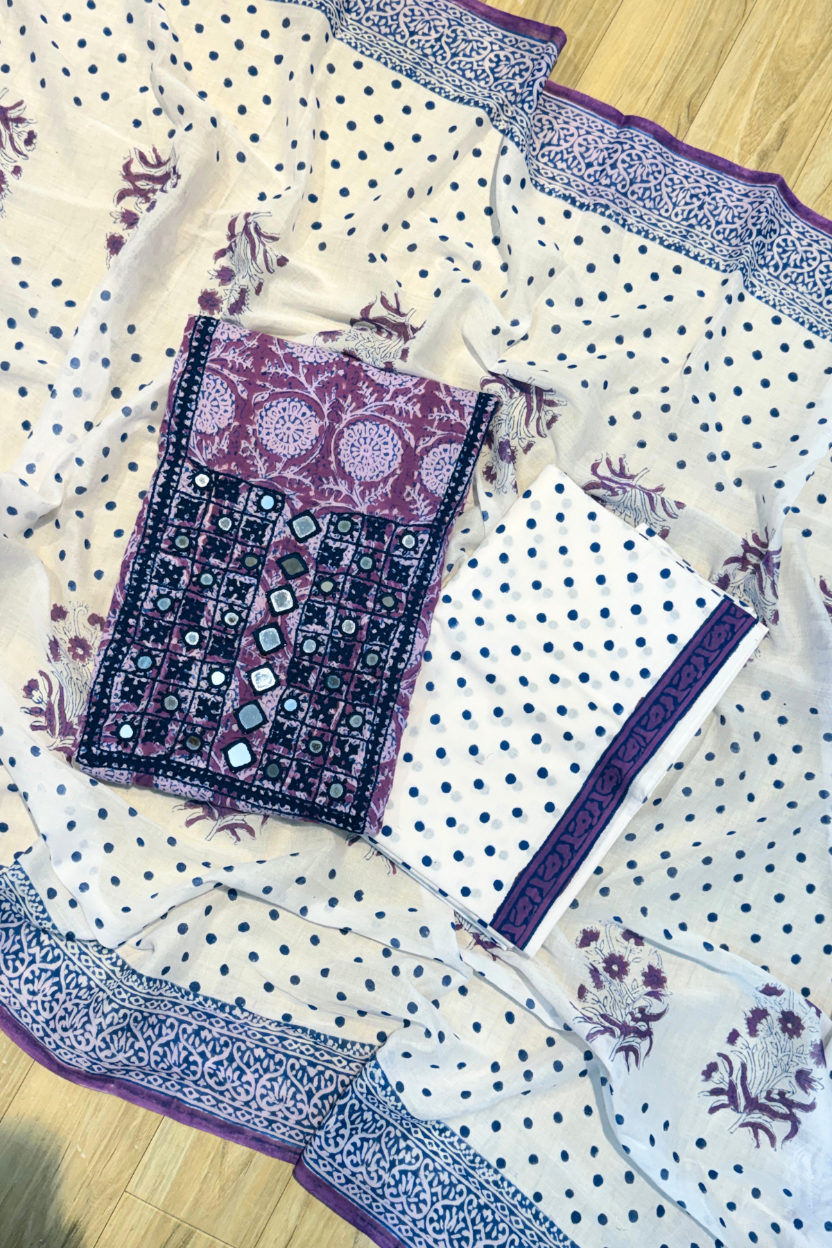 Pure Cotton Mirror Work 3 Piece Unstitched Suit Set With dots Bottom - Purple