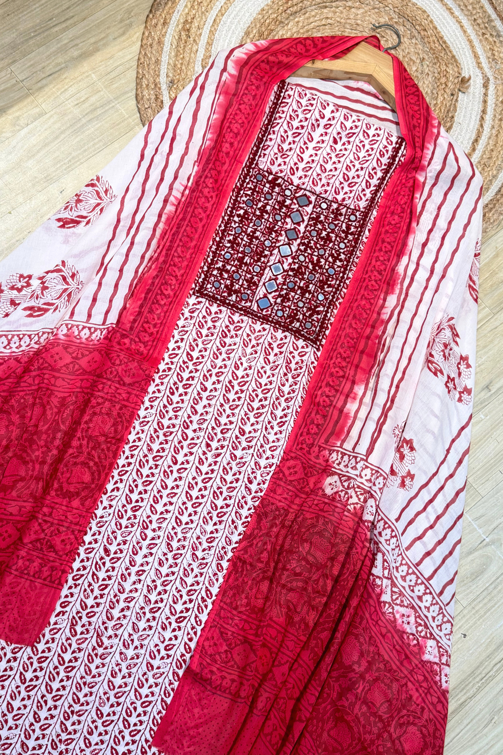 Pure Cotton Mirror Work 3 Piece Unstitched Suit Set With Leheriya Bottom - Red