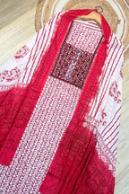 Pure Cotton Mirror Work 3 Piece Unstitched Suit Set With Leheriya Bottom - Red