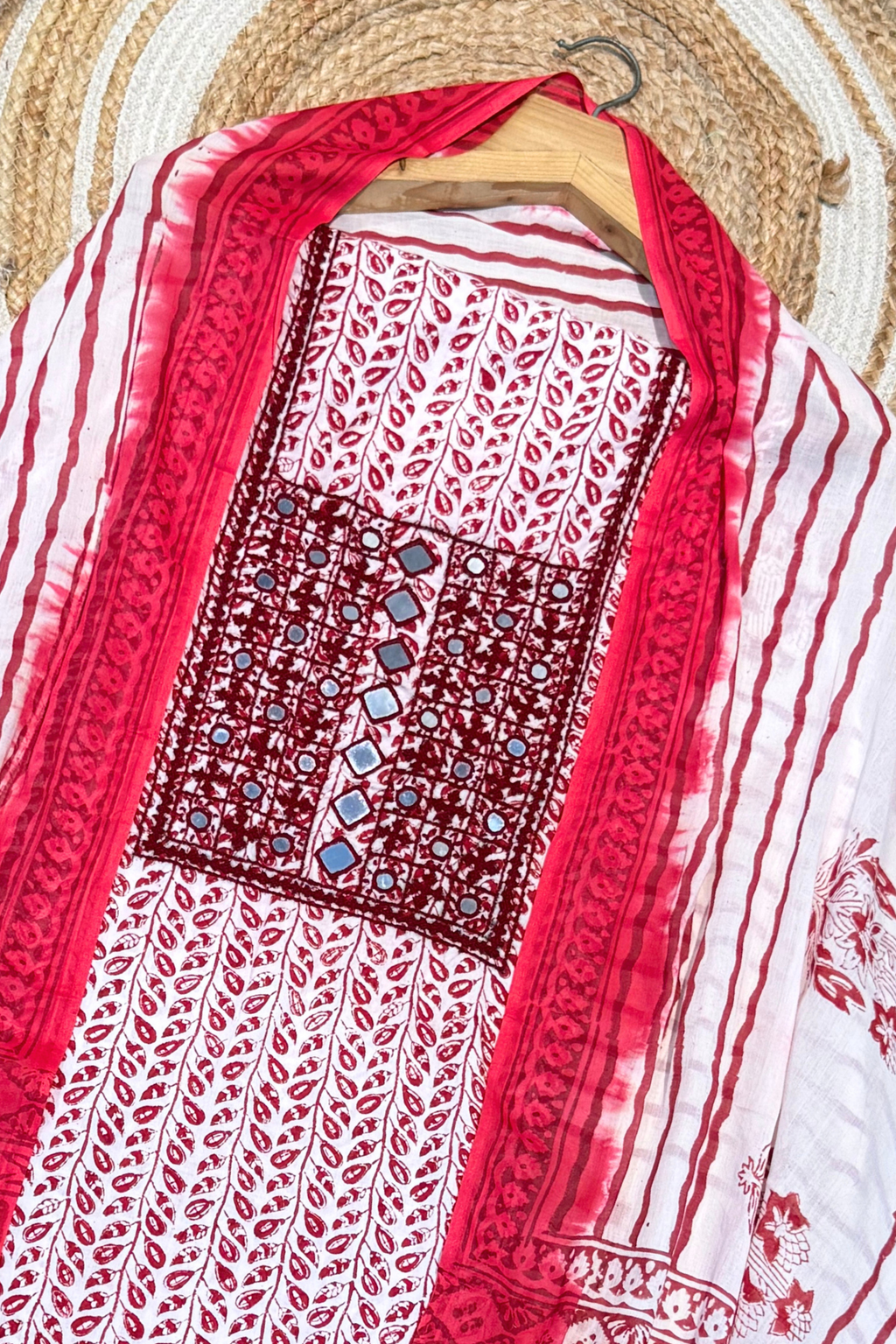 Pure Cotton Mirror Work 3 Piece Unstitched Suit Set With Leheriya Bottom - Red