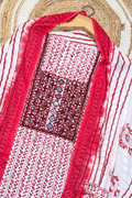Pure Cotton Mirror Work 3 Piece Unstitched Suit Set With Leheriya Bottom - Red