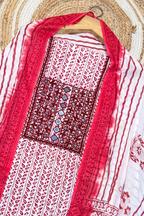 Pure Cotton Mirror Work 3 Piece Unstitched Suit Set With Leheriya Bottom - Red