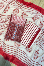Pure Cotton Mirror Work 3 Piece Unstitched Suit Set With Leheriya Bottom - Red