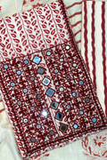 Pure Cotton Mirror Work 3 Piece Unstitched Suit Set With Leheriya Bottom - Red