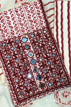 Pure Cotton Mirror Work 3 Piece Unstitched Suit Set With Leheriya Bottom - Red