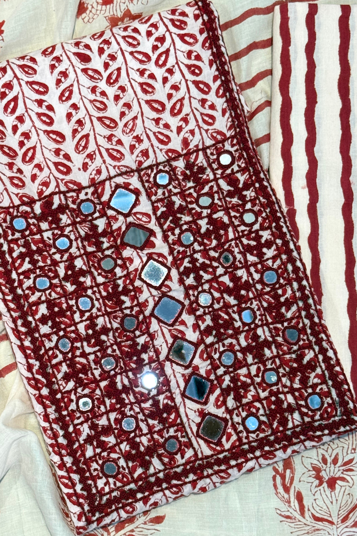 Pure Cotton Mirror Work 3 Piece Unstitched Suit Set With Leheriya Bottom - Red