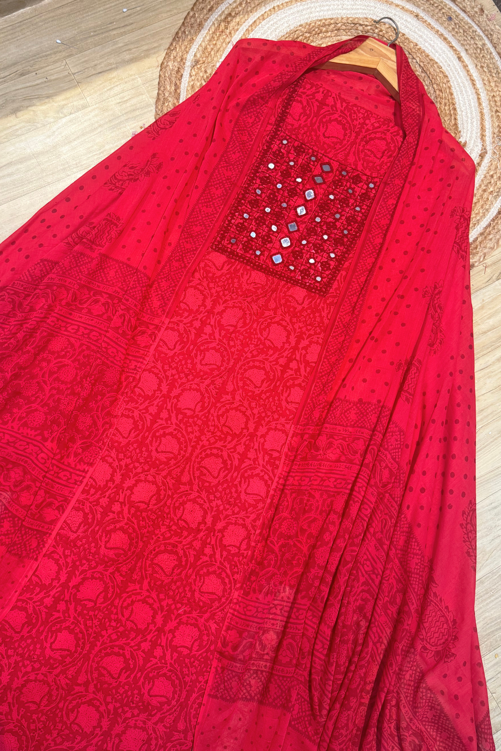 Pure Cotton Mirror Work 3 Piece Unstitched Suit Set with dot Bottom - Red