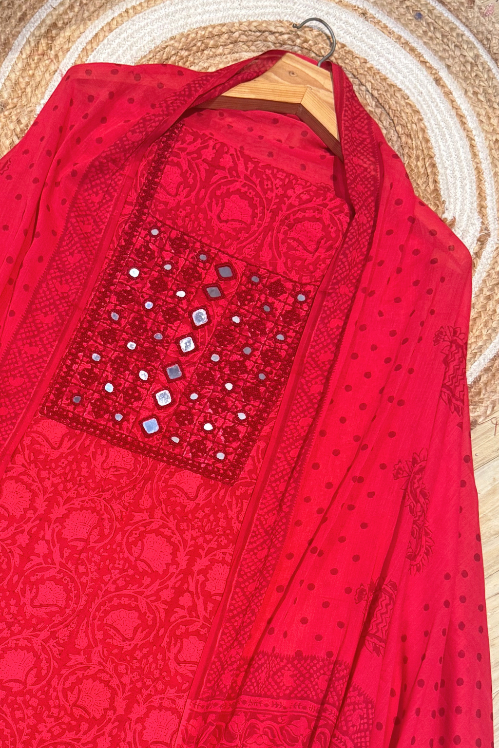 Pure Cotton Mirror Work 3 Piece Unstitched Suit Set with dot Bottom - Red