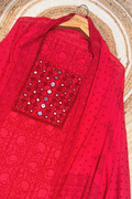 Pure Cotton Mirror Work 3 Piece Unstitched Suit Set with dot Bottom - Red