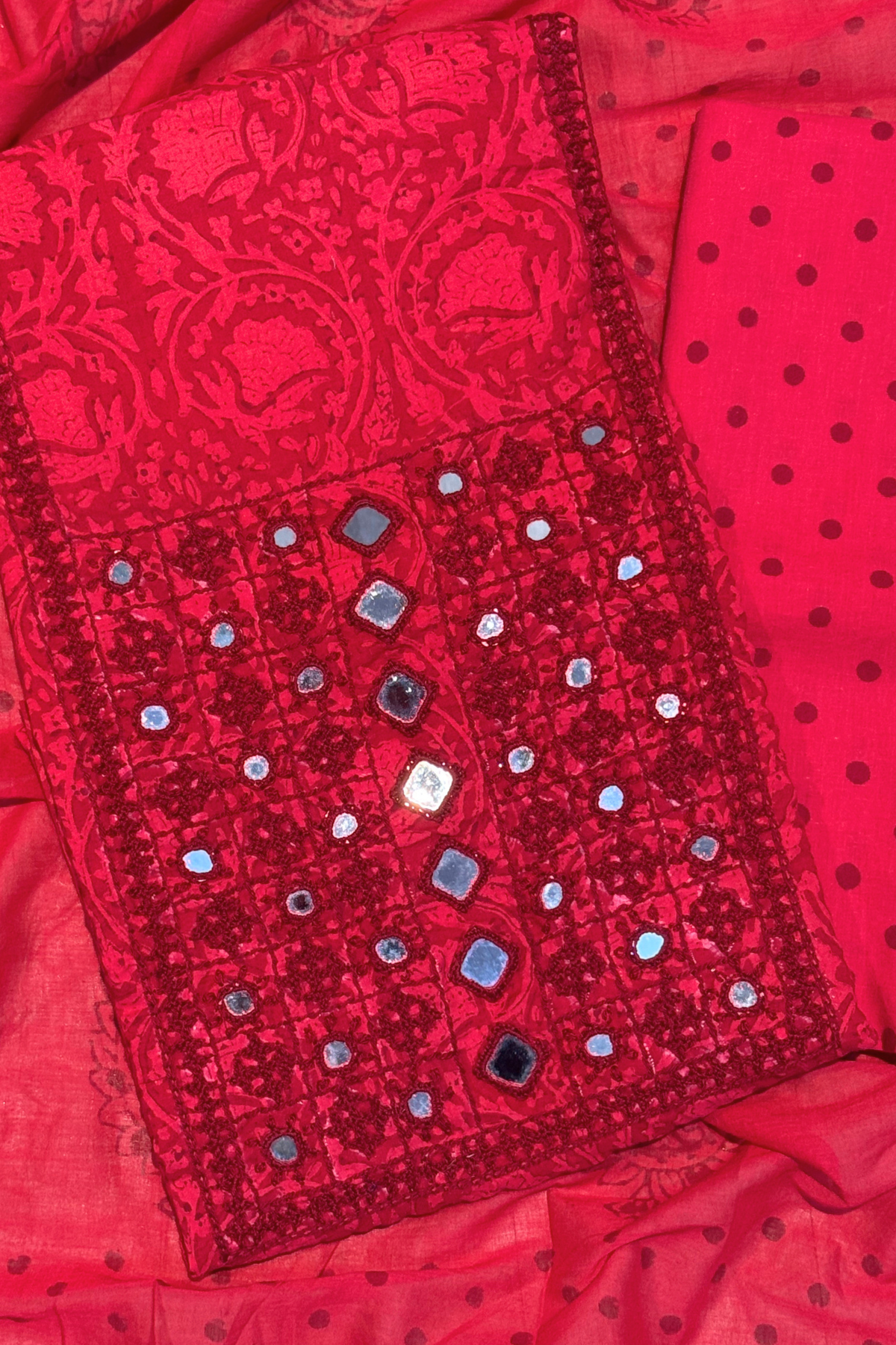 Pure Cotton Mirror Work 3 Piece Unstitched Suit Set with dot Bottom - Red