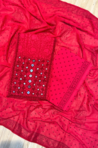Pure Cotton Mirror Work 3 Piece Unstitched Suit Set with dot Bottom - Red
