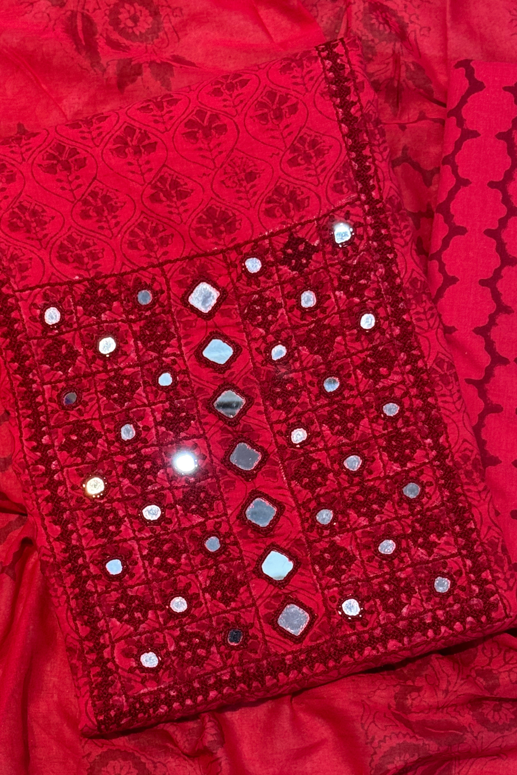 Pure Cotton Mirror Work 3 Piece Unstitched Suit Set - Red