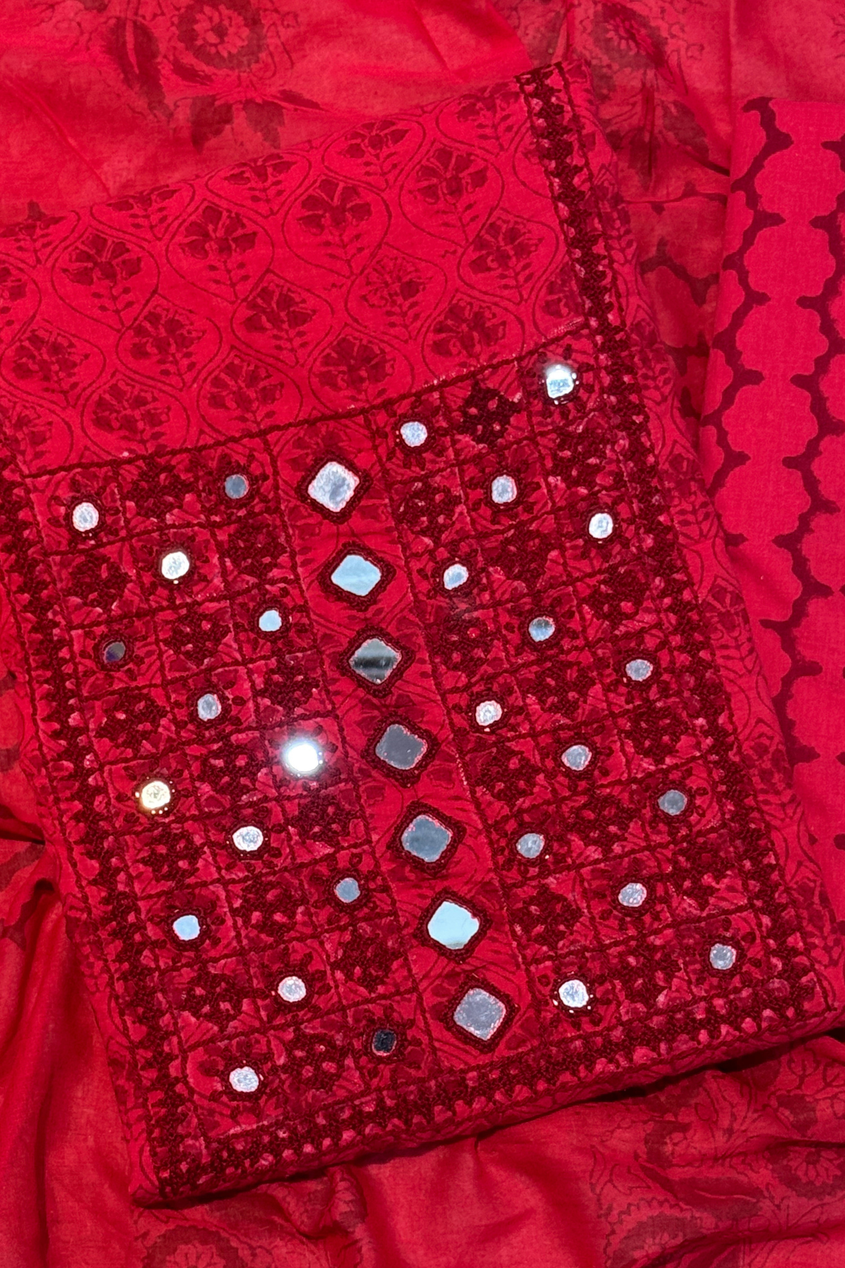 Pure Cotton Mirror Work 3 Piece Unstitched Suit Set - Red
