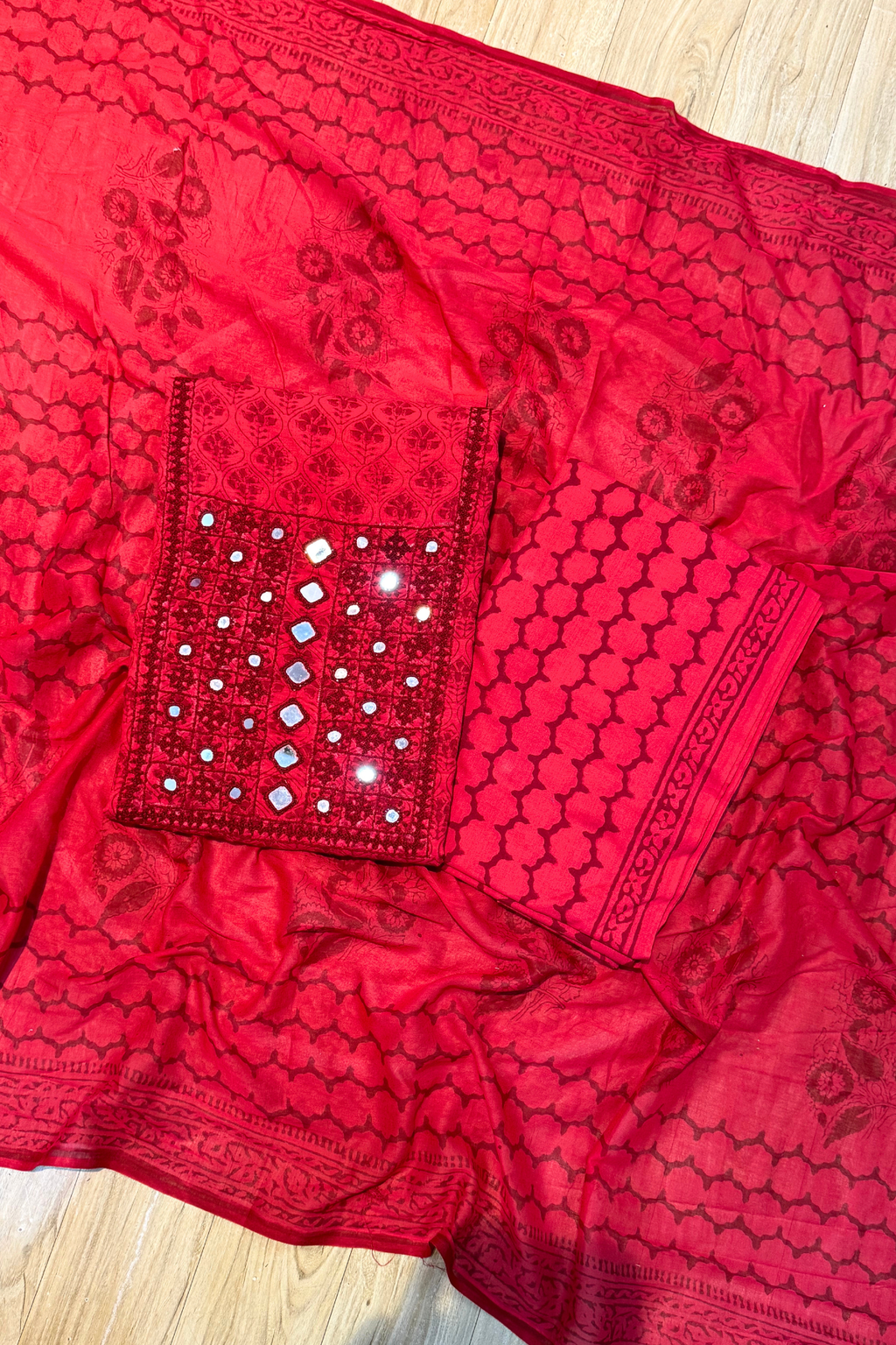 Pure Cotton Mirror Work 3 Piece Unstitched Suit Set - Red