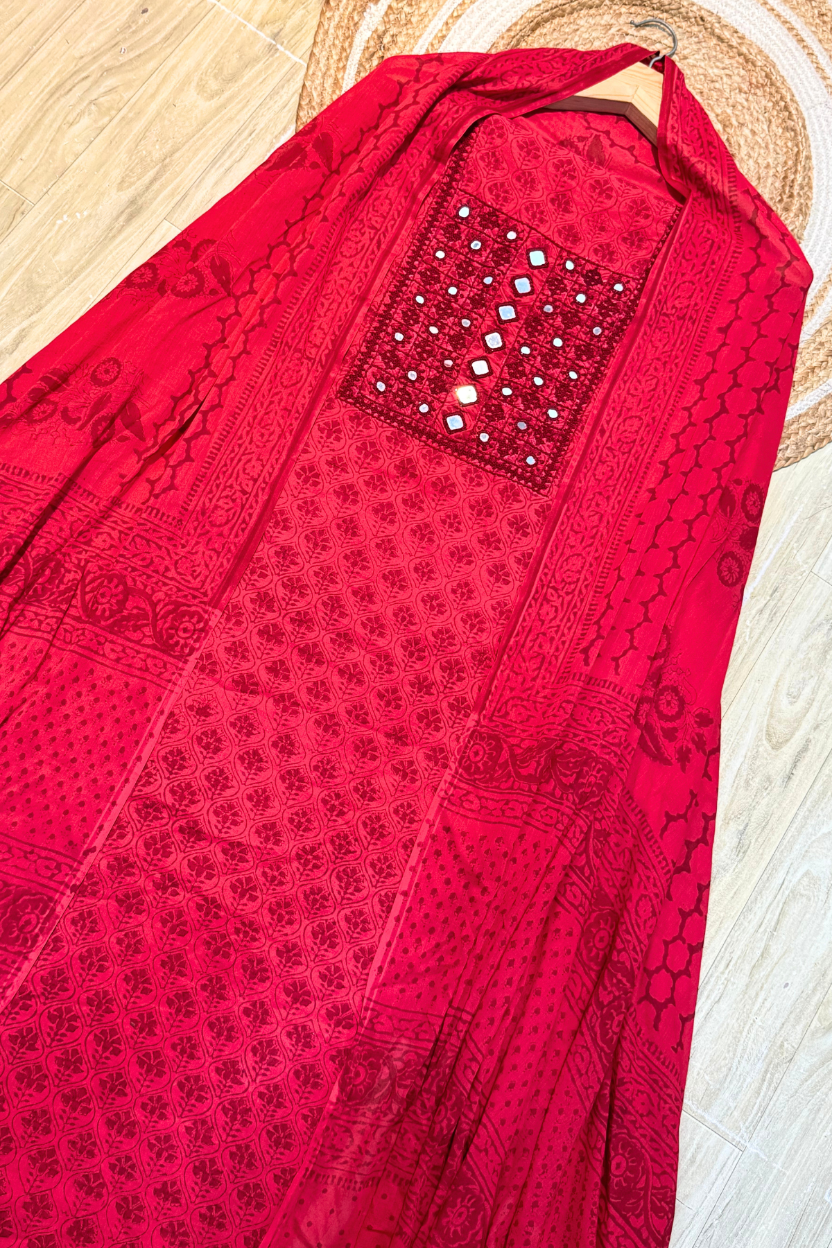 Pure Cotton Mirror Work 3 Piece Unstitched Suit Set - Red