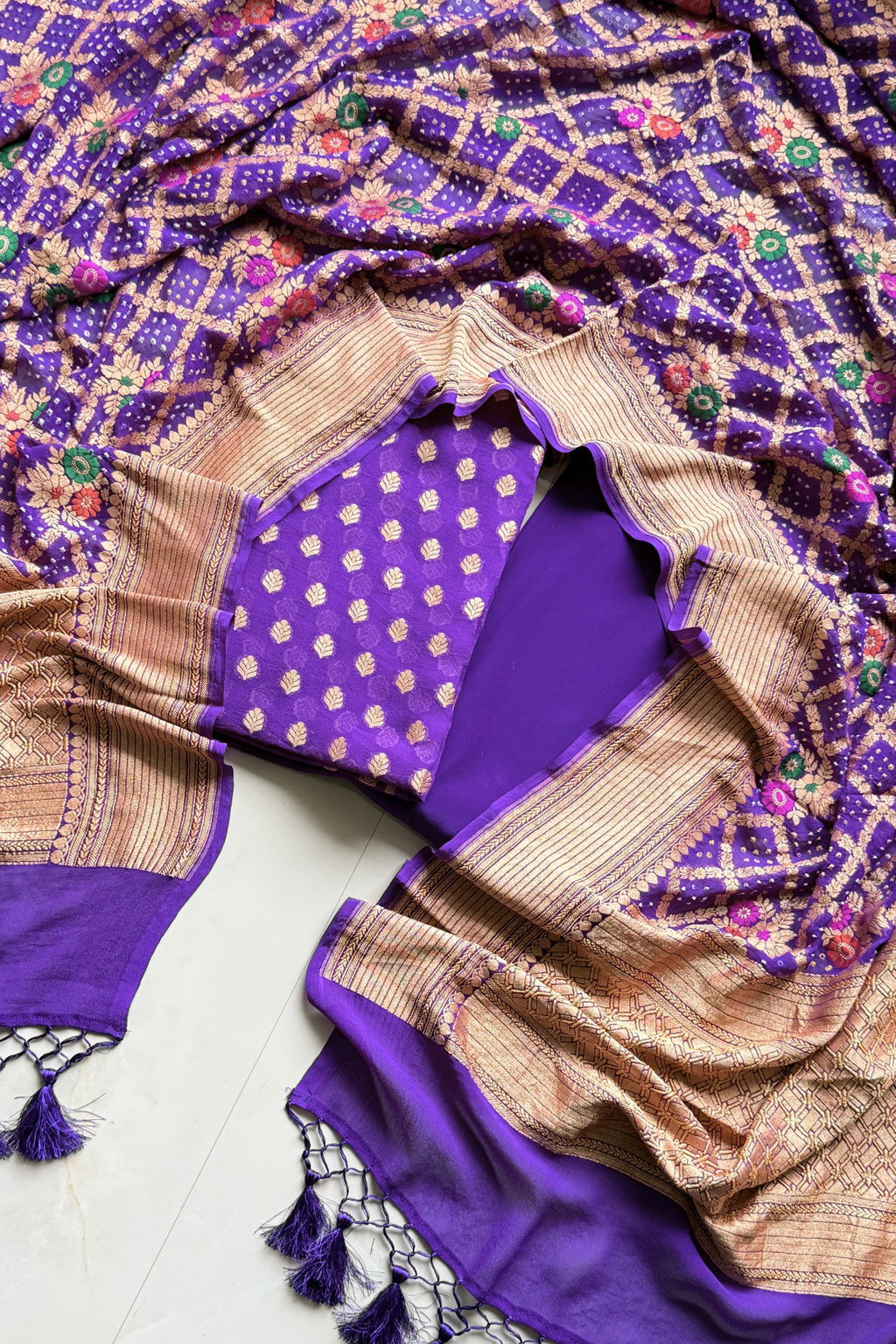 Pure khaddi georgette meenakari bandhej - Purple