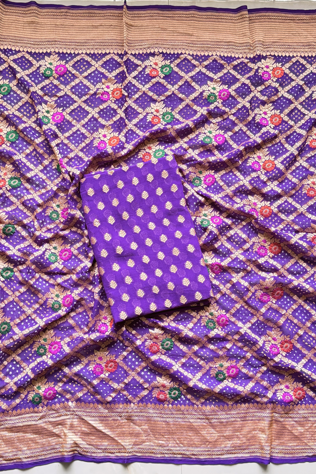 Pure khaddi georgette meenakari bandhej - Purple