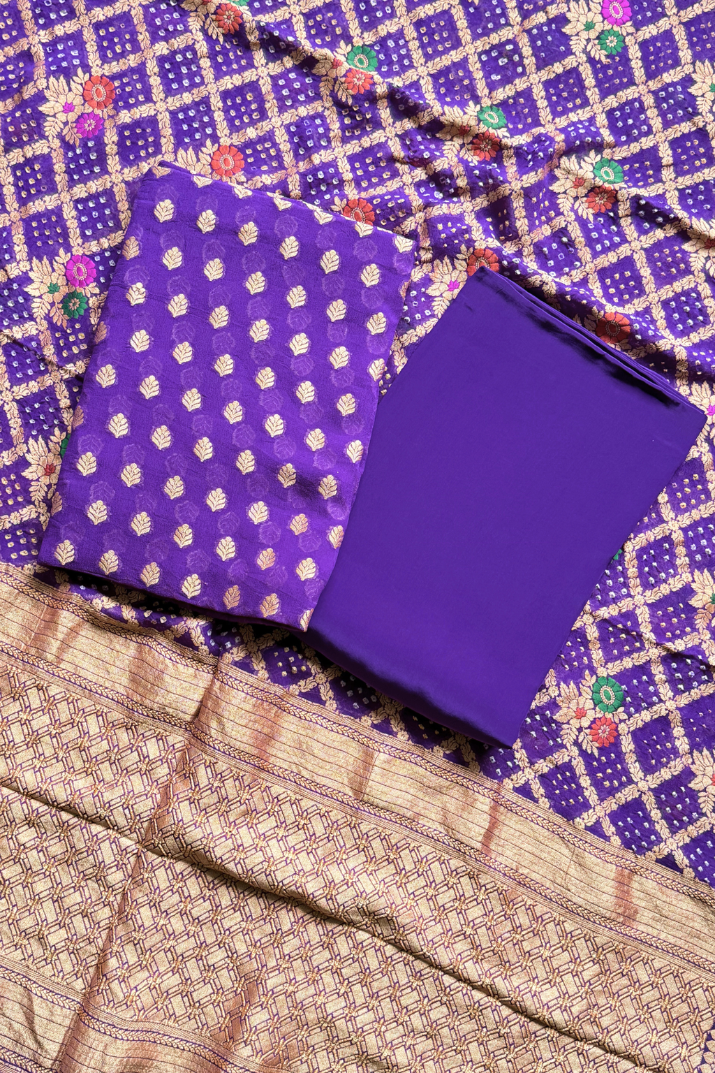 Pure khaddi georgette meenakari bandhej - Purple