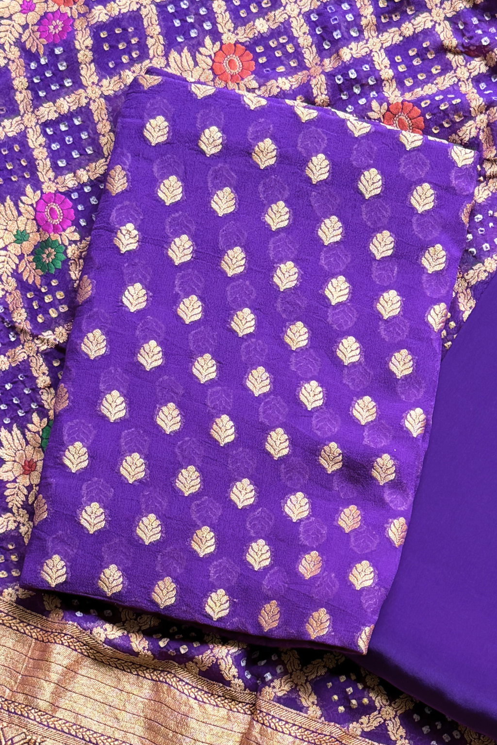 Pure khaddi georgette meenakari bandhej - Purple