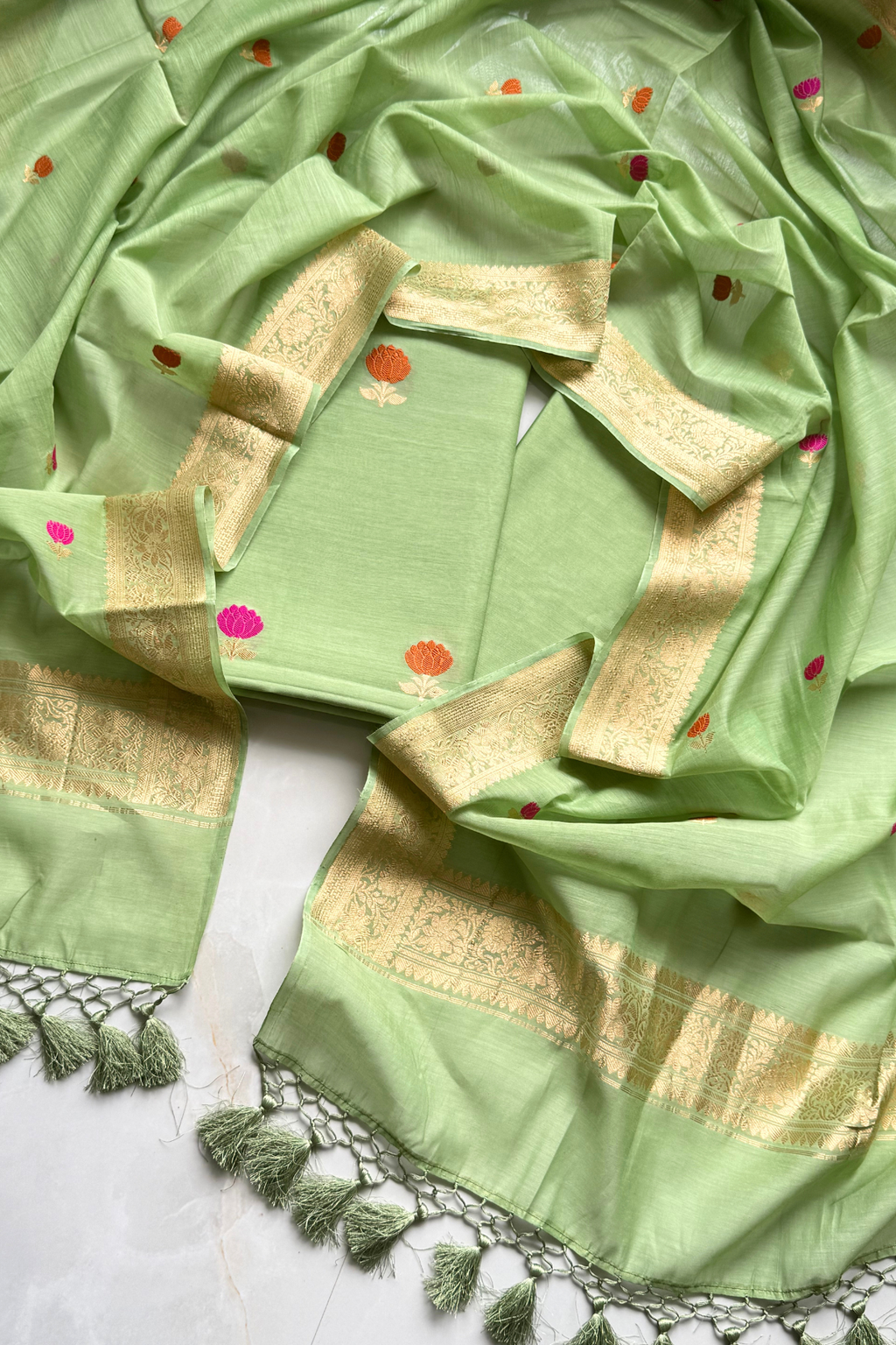 Pure Mul Chanderi With Kadwa Weaving - Pista green