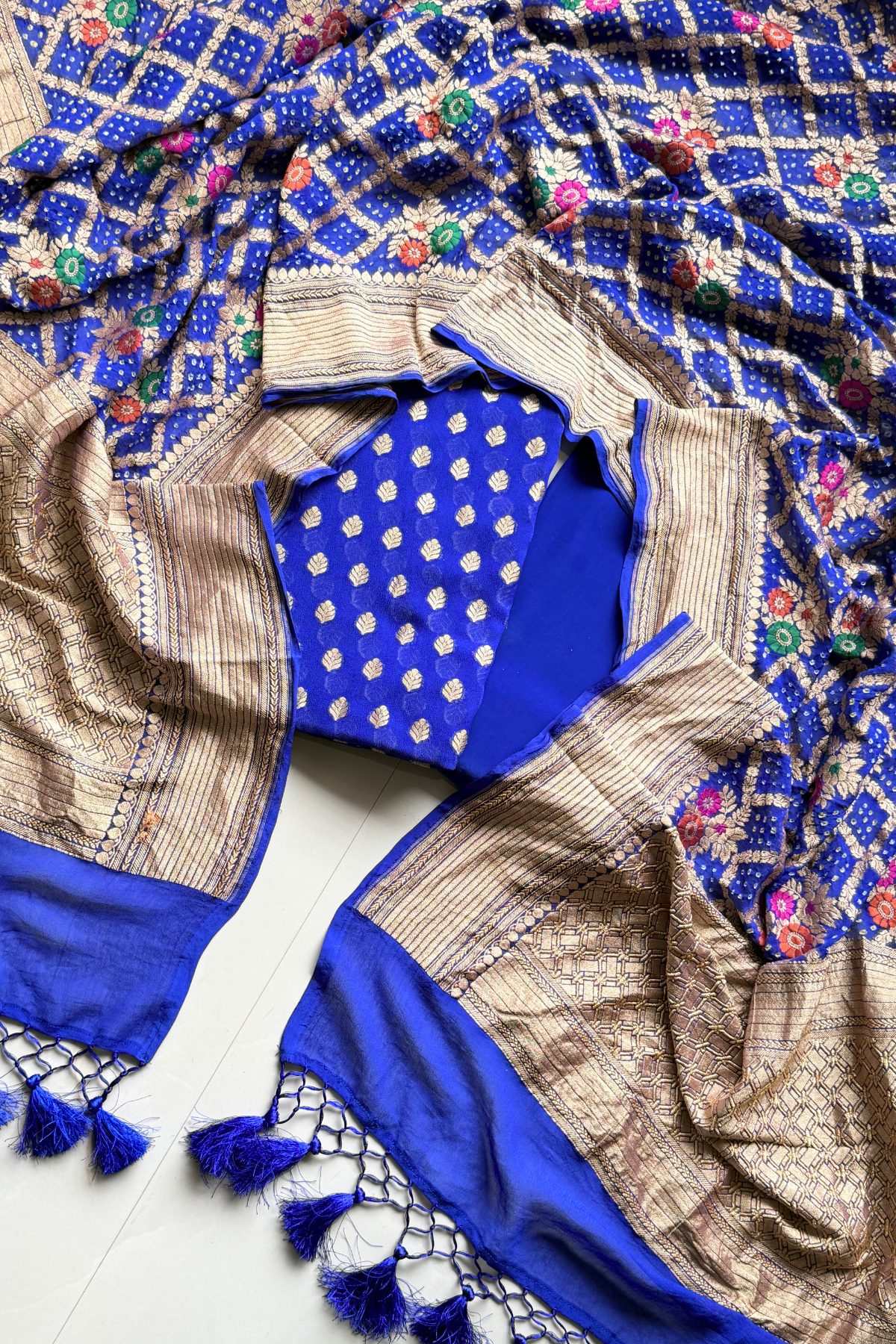 Pure khaddi georgette meenakari bandhej - Navy Blue