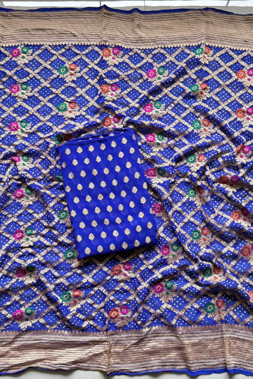 Pure khaddi georgette meenakari bandhej - Navy Blue