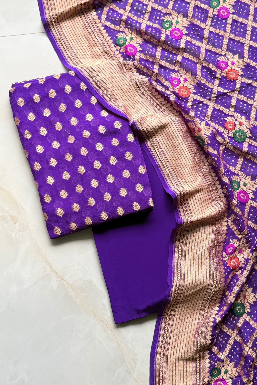 Pure khaddi georgette meenakari bandhej - Purple