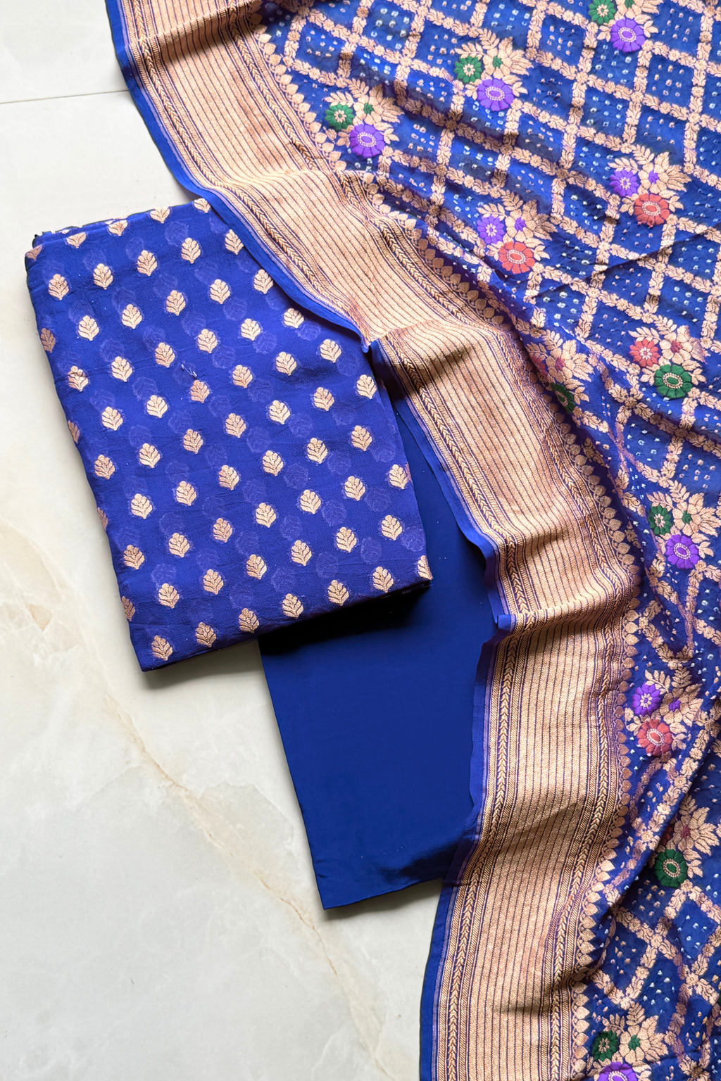 Pure khaddi georgette meenakari bandhej - Navy Blue