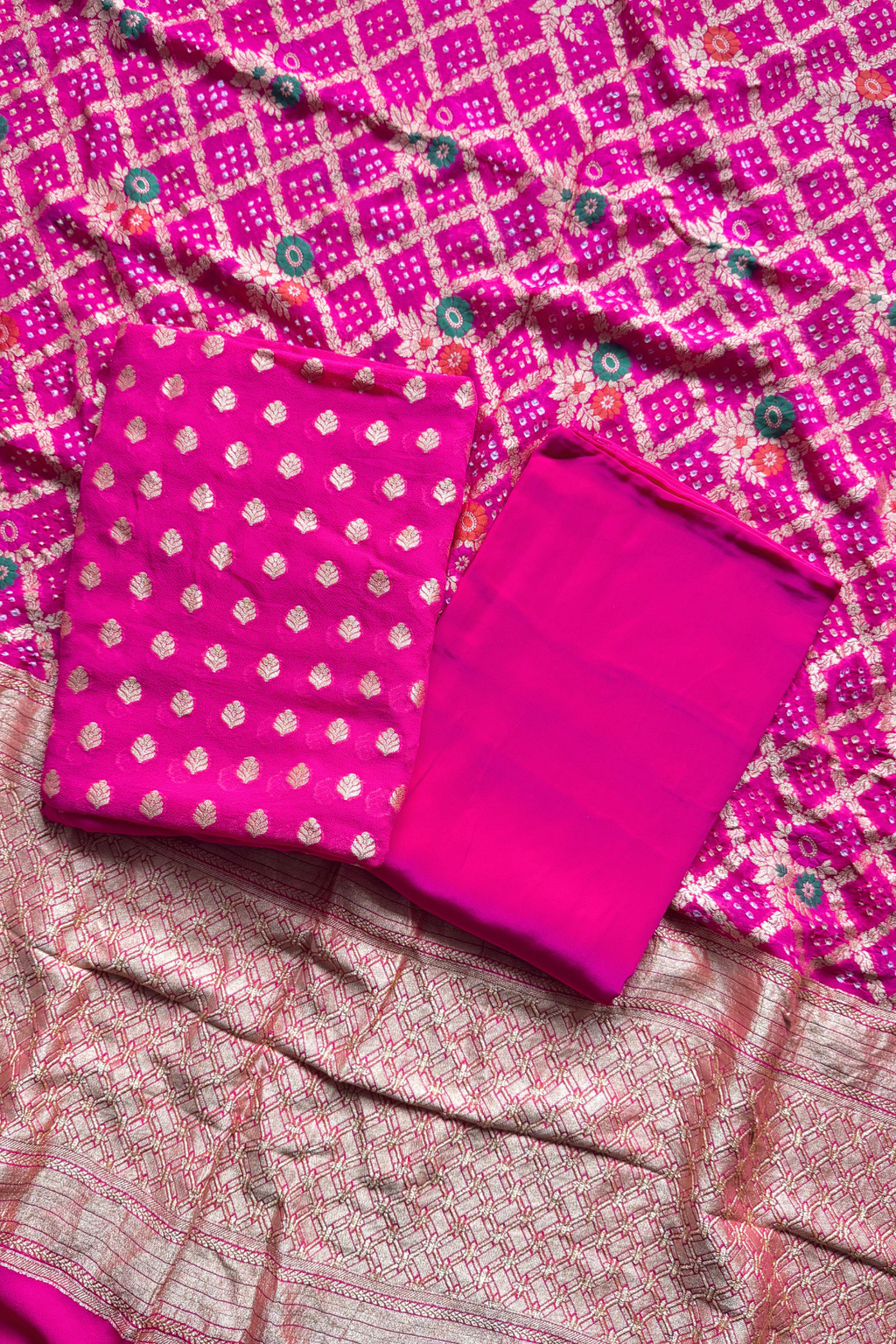 Pure khaddi georgette meenakari bandhej -  Pink