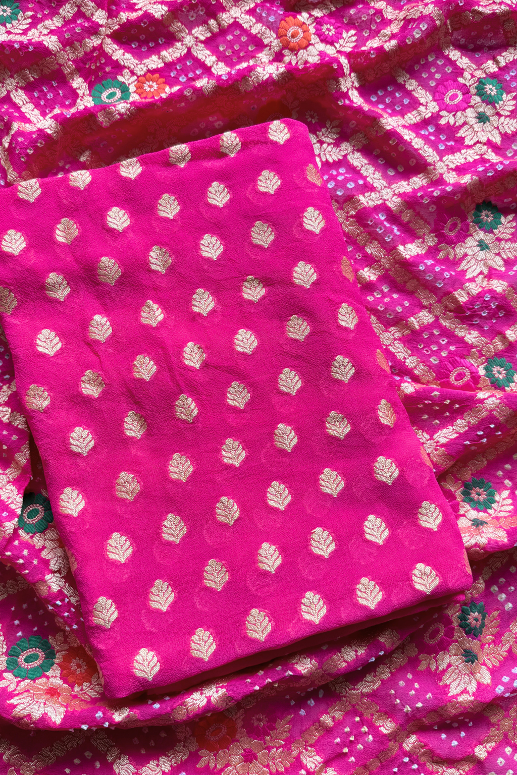 Pure khaddi georgette meenakari bandhej -  Pink