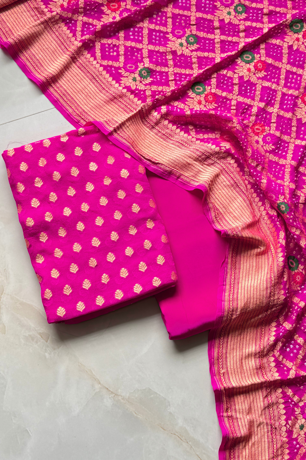 Pure khaddi georgette meenakari bandhej -  Pink
