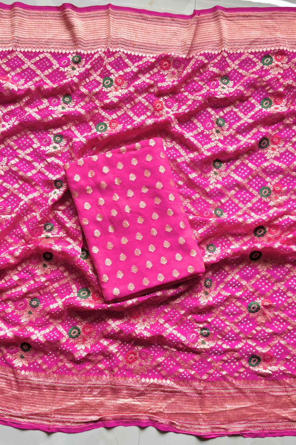 Pure khaddi georgette meenakari bandhej -  Pink