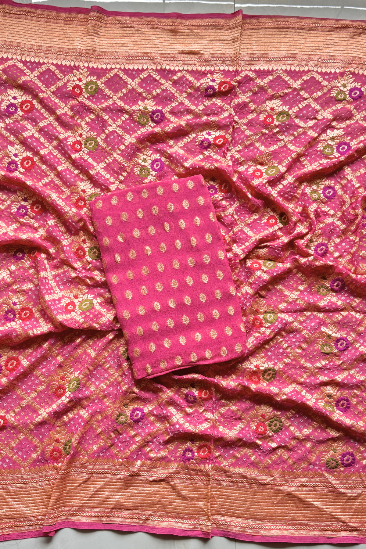 Pure khaddi georgette meenakari bandhej -  Peach pink