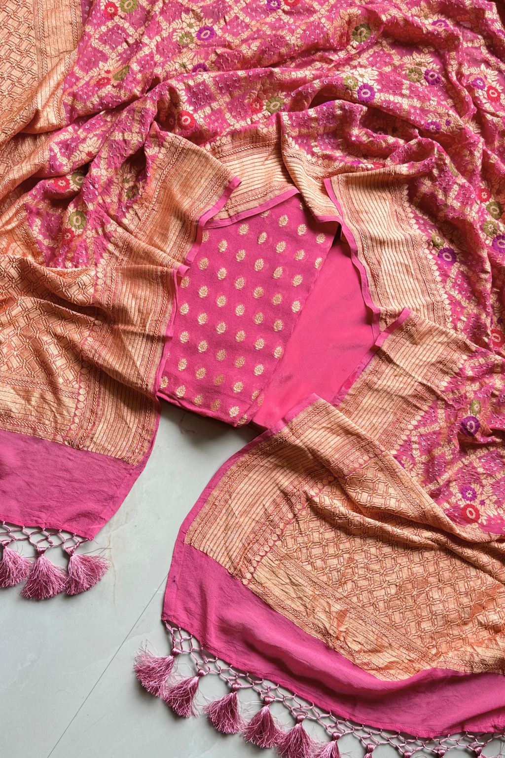 Pure khaddi georgette meenakari bandhej -  Peach pink