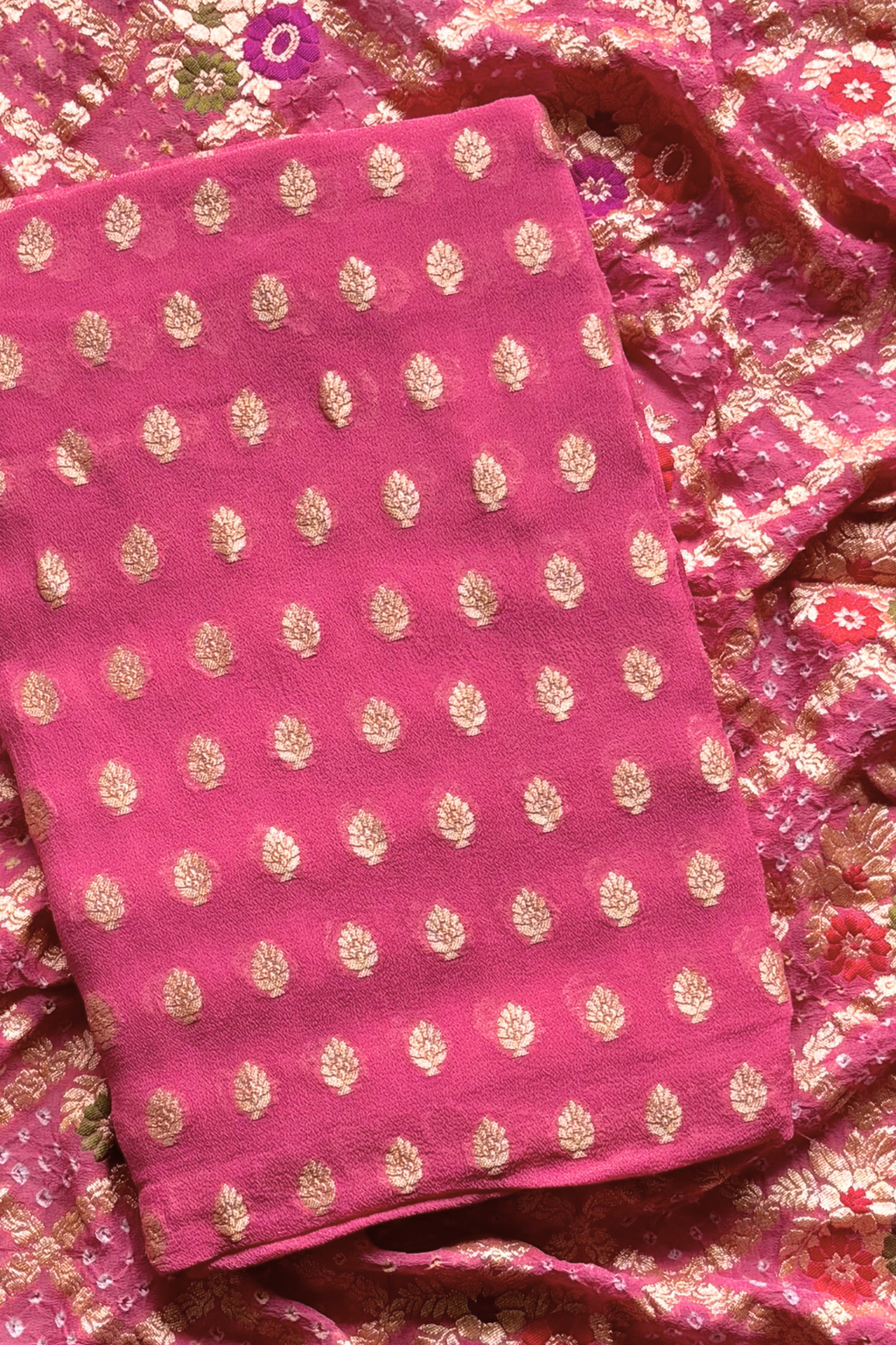 Pure khaddi georgette meenakari bandhej -  Peach pink