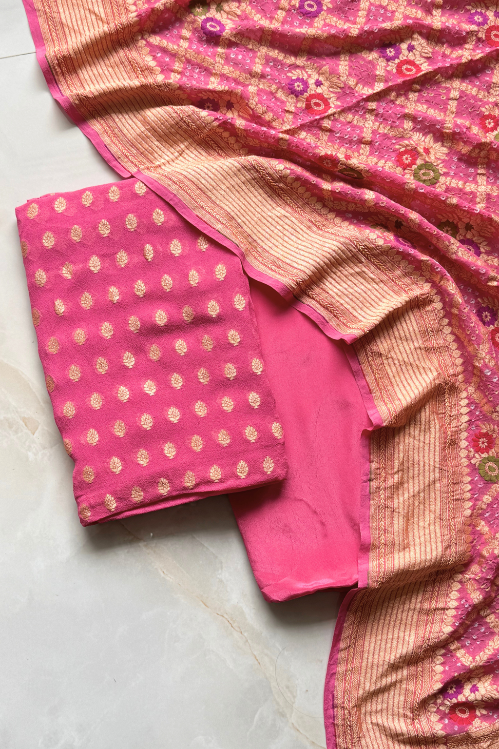 Pure khaddi georgette meenakari bandhej -  Peach pink