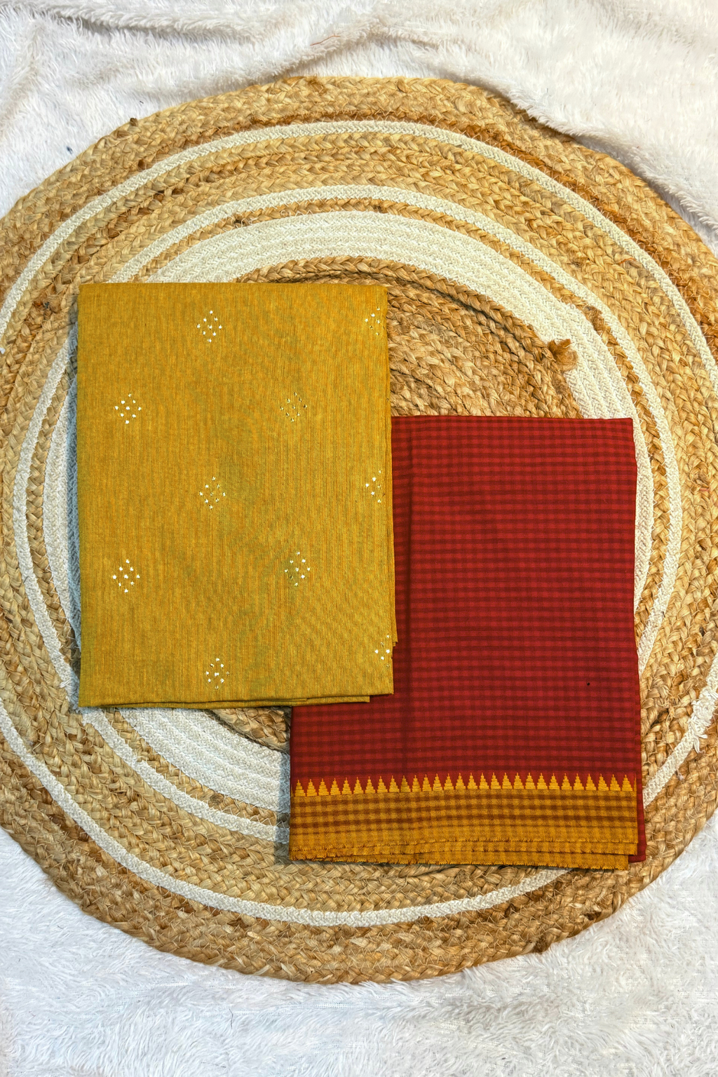 Handloom cotton 2 pc set - Occur Yellow Top With Red Checks Bottom
