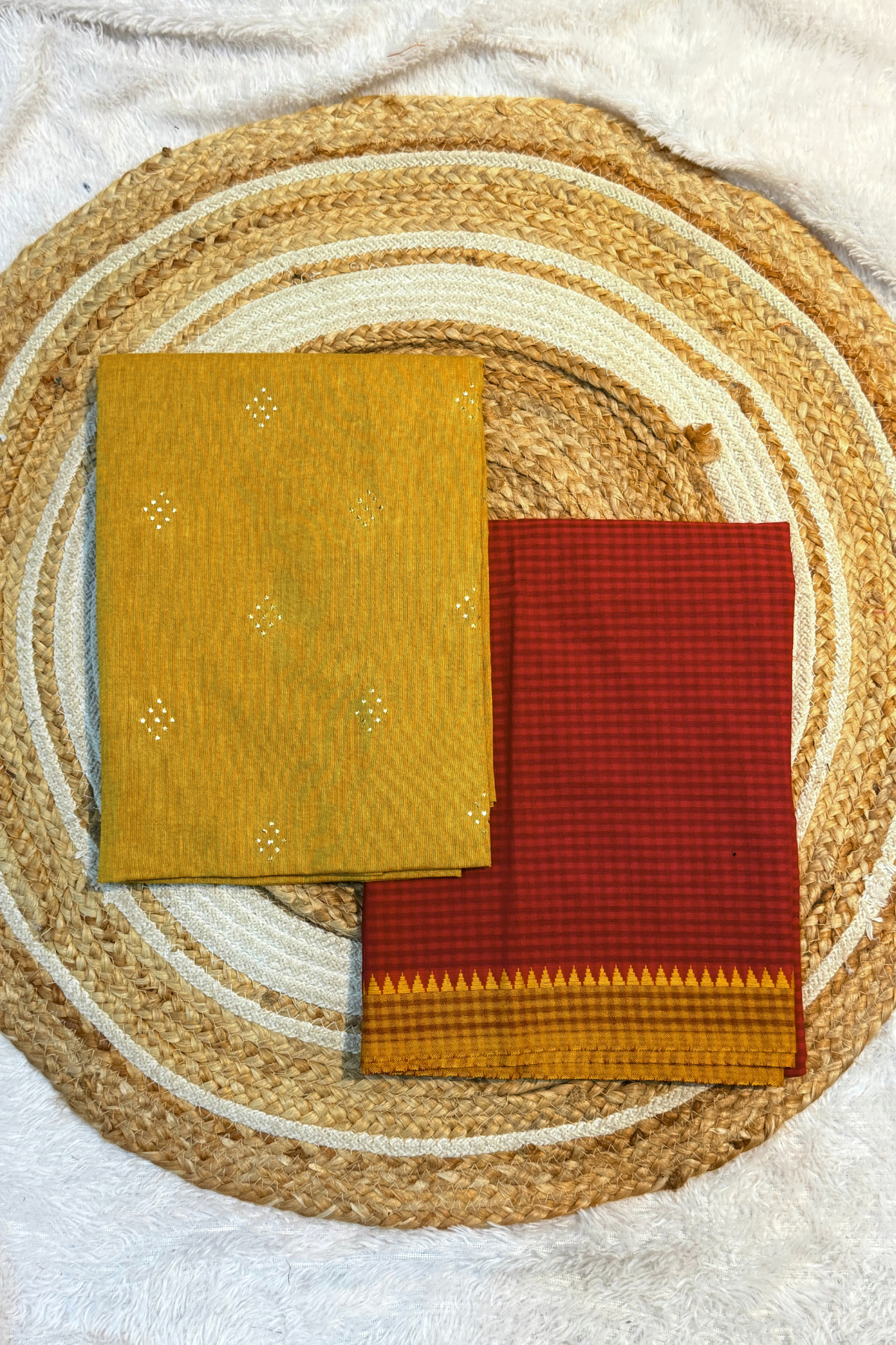 Handloom cotton 2 pc set - Occur Yellow Top With Red Checks Bottom