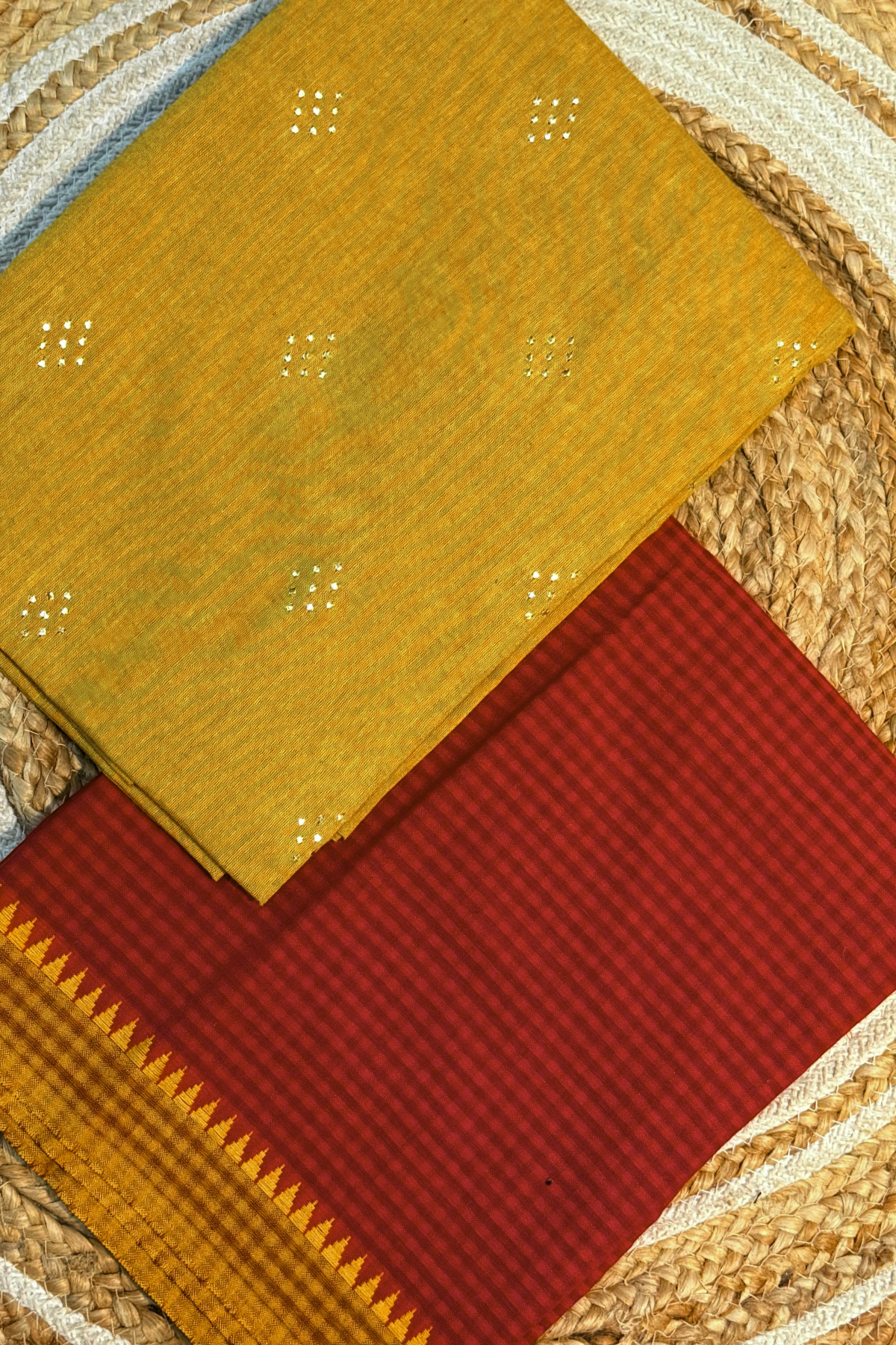 Handloom cotton 2 pc set - Occur Yellow Top With Red Checks Bottom