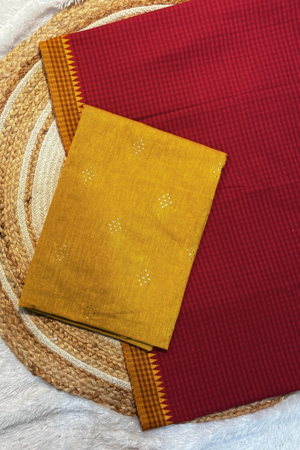 Handloom cotton 2 pc set - Occur Yellow Top With Red Checks Bottom