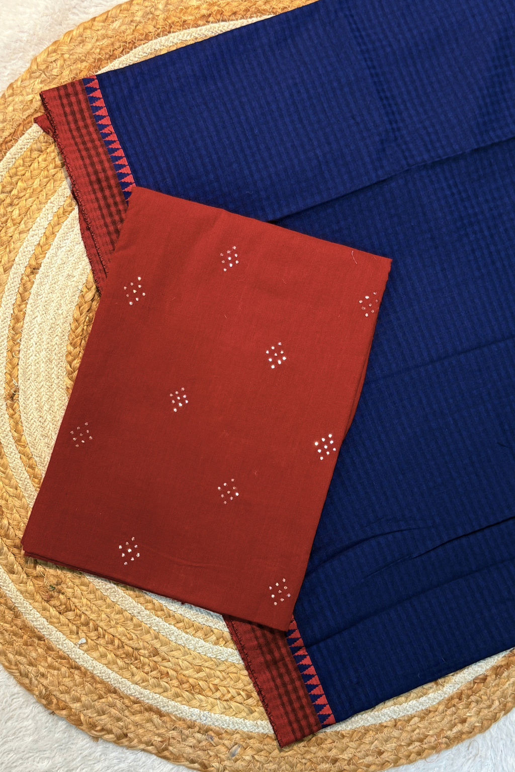 handloom cotton 2 pc set - Red Top & Blue Checks Bottom with Border